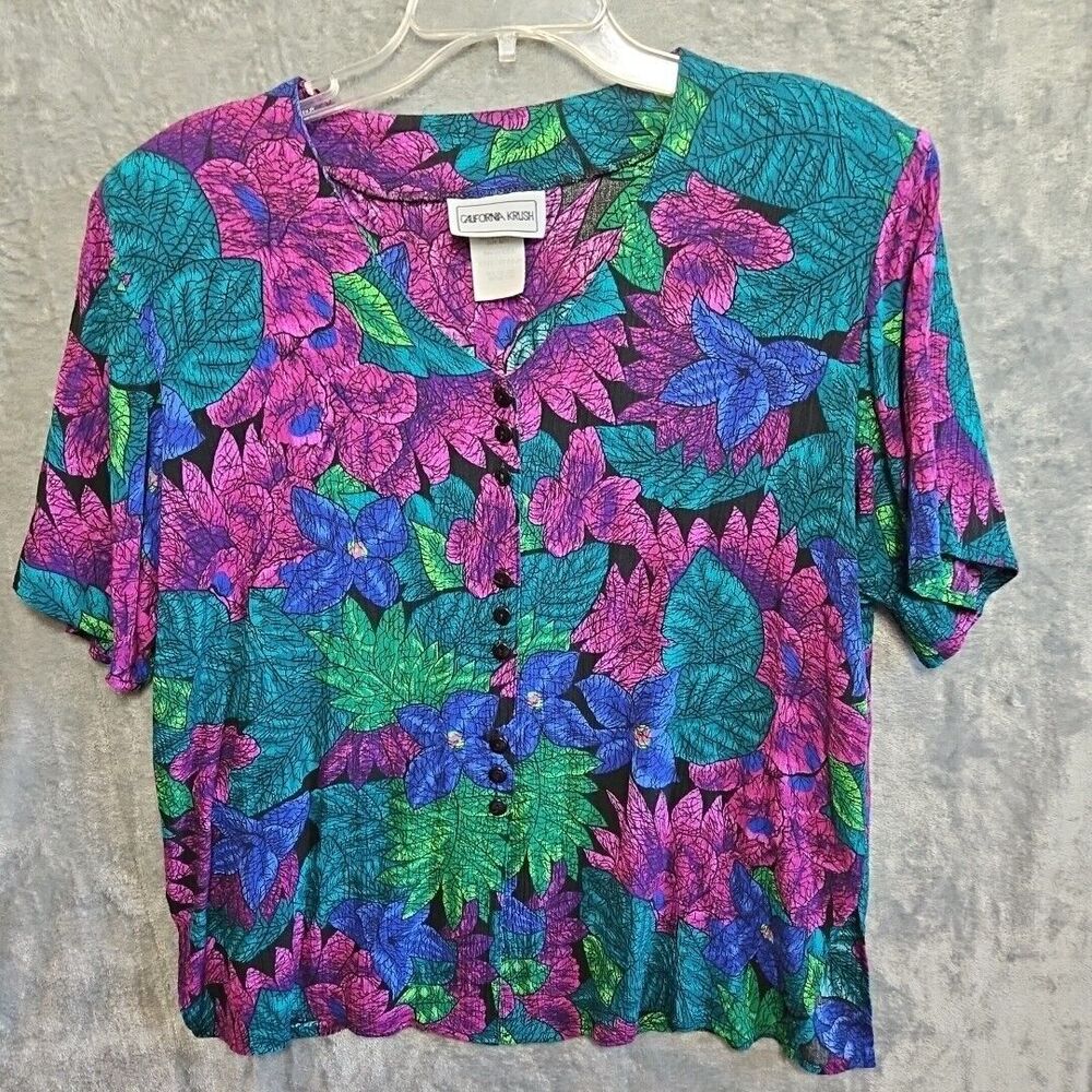 California Krush Women's Med Vintage Blouse Multicolor Floral Button Blue Pink